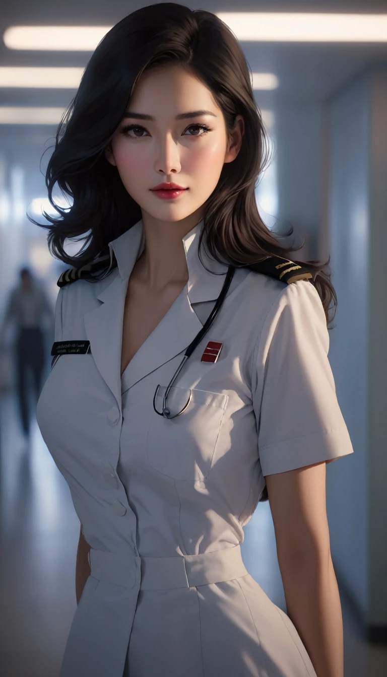 score_9, score_8_up, score_7_up, score_6_up, rating_safe, cinematic film still, solo, 12girl, BREAK (Christina Chong beautiful face, narrowed eyes, smirk:1.3), sexy nurse uniform, skirt too short, cleavage, high heels BREAK (modern hospital, walking down hall:1.1), BREAK, (cinematic lighting:1.2),, (sunset:1.2), shallow depth of field, vignette, BREAK, highly detailed, high budget, bokeh, cinemascope, moody, epic, gorgeous, film grain, grainy, BREAK, SFW, (ultra-detailed),(best illustration),(best shadow),(absurdres),(detailed background),(very aesthetic).
