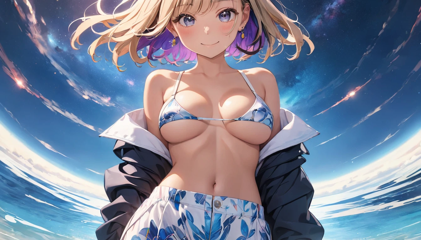 anime illustration, ((((highest quality)))), (((Ultra-precision CG 16K))), (((masterpiece))), BREAK skinny body, slender waist, medium Breasts, (((perky breasts))), ((sagging breasts)), (covered nipples),  (((tanned skin, tan lines))) , BREAK ( smiling, blush, determined expression, sweaty , Heavy breathing, embarrassed, ) , (natural make), BREAK narrow eyes, (streaked hair, hair intakes, colored inner hair, ) BREAK (((wearing printed sexy oversized clothing , wearing wide-leg-pants, breasts is covered by outfit, (detailed panty), Narrow aisles,))) , wearing earrings , BREAK ( stick breast out,  bending over, all four, )) BREAK  (( ripples , horizon , under the cosmic sky on the cosmic sea , cosmic effects)), (((close-up of face, bust-up shot,  looking at viewer, ))), BREAK ((cinematic , from front , from below , (Distant view, Panorama), looking at viewer, )) , pinup magazine pose,