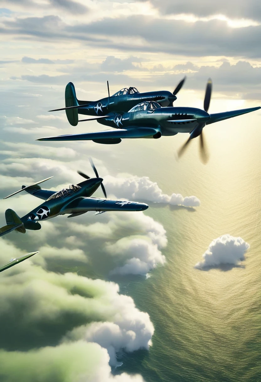 Lockheed P-38 Lightning, over the Pacific Ocean, green islands can be seen in the distance, thunderclouds appear, realistic, high definition, 8K, dark shadows due to backlighting, two aircraft flying in formation, viewed from diagonally above.