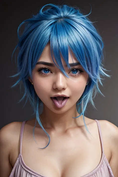 high resolution, open your mouth, sticking out tongue, disheveled hair, chest, blushing, gentle colors, one person, blue hair, c...