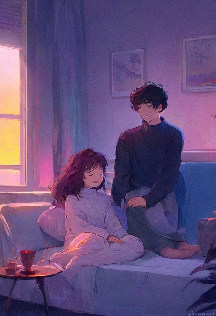 (Highest quality:0.8), (Highest quality:0.8), Perfect illustration((masterpiece, Highest quality)), Illustrator, anime , Realistic ,sketch , 1 person, ,lip, sweater,order, Blue gradient background, , Wearing loungewear., A sofa in the room, The view outside the window is in the style of neon realism, Charming character, Colorful room scenery, Crimson and amber, Neon Black, Soft lighting, night, nighttime, Realistic, red lighting, Hard Shadows, masterpiece, Highest quality, complicated, , Vintage, Film Grain, Incomplete details、Thinking deeply、Clear eyes and contours、Couple laughing with eyes closed、men and women、仲のいいmen and women、A good couple、Two people smiling at each other、Emotional。Old Film