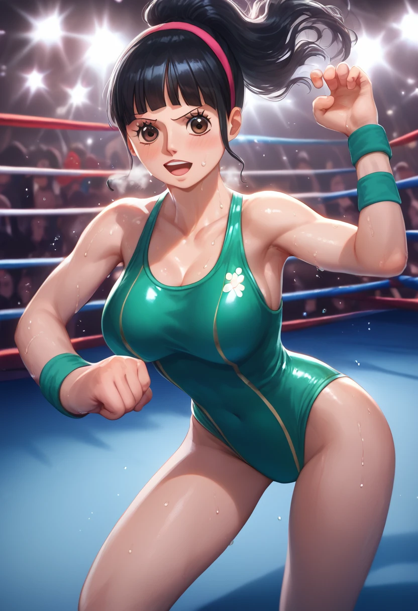 score_9,score_8_Excellent,score_7_Excellent,masterpiece,Highest quality, Source Anime, Realistic, sExcellenter detailed, Very detailed, evaluation_safety,
One person, wrestling, Fighting Pose,
Break Girl, , ponytail,hair band, (Blunt bangs), Black Hair, (puppet, small and cute brown eyes), Curled eyelashes, (Large Breasts:0.9),
Shiny Hair, Beautiful attention to detail, Beautiful Face,The body is slim,
(Cute green one piece swimsuit,Wristband, wrestlingブーツ:1.2), Sweat,
blush, strict, Open your mouth, Heavy breathing, 
stage, wrestling stage, crowd, illumination, Shadow,