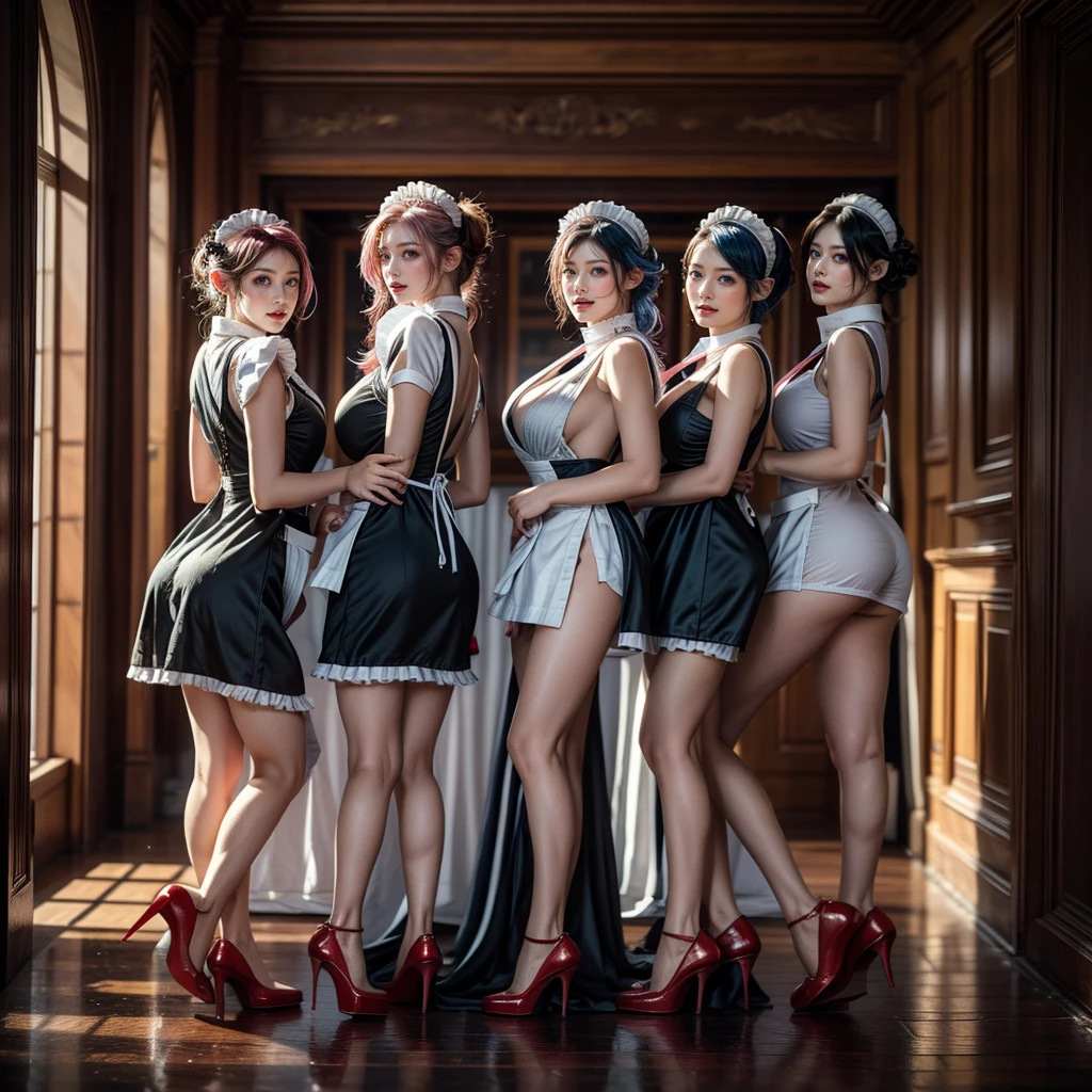 (Full Body of Extremely Detailed((Sexy Maid Group in a row:1.37))), KAWAII perfect face with Reflective Eyes, Detailed(Delicate Clothing textures), Correct Graceful Legs, Dynamic Joyful Expressions LifeLike Rendering, Specular Reflection, TopQuality 8K Ultra-detailed masterpiece (ProfessionalPhoto:1.37), (Acutance:0.8), (Luminism:1.28), Renaissance art style, Colorful Light particles, (Full body from side) {MicroMini Skirt|Kissing Face to Face|Thigh Gap|Cute Peach AssFocus|(NakedApron with (Overflowing Sideboob))}, Radiant Fine Skin with Transparency, (Exposed:0.4) {Pink Hair|LightBlue Hair|Blonde|Pure White Hair|Liquid Hair|Red Shoes}, Perfect Lighting