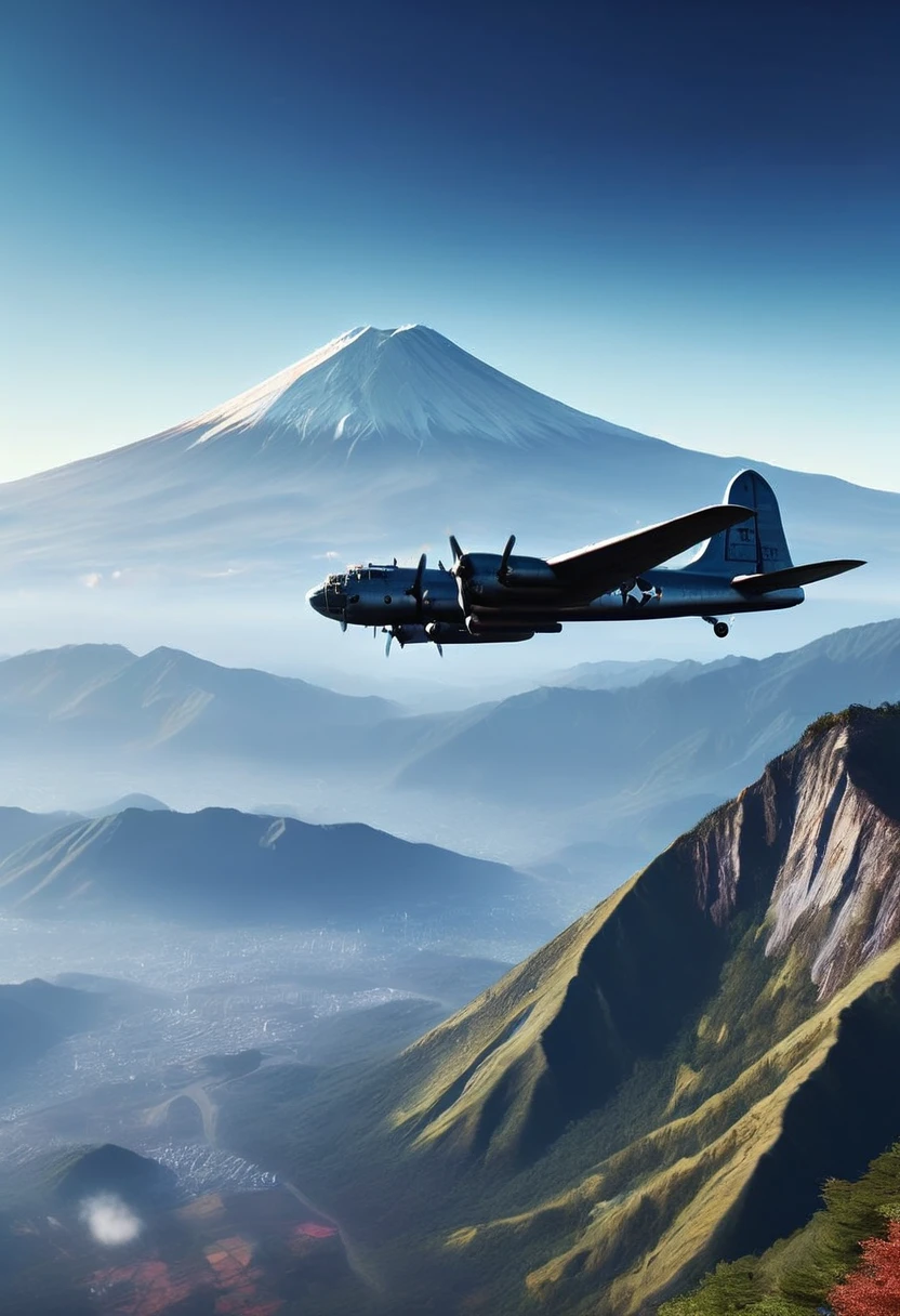 A highly detailed and realistic B-29 Super Fortress bomber flying over the majestic Mount Fuji against a clear blue sky, cinematic lighting, ultra-detailed, 8k, photorealistic, masterpiece, hyperrealistic, RAW, dramatic, awe-inspiring, military aviation, wartime, World War 2, historical, accurate, flawless, sharp focus, intricate textures, dynamic composition, dramatic shadows and highlights, vibrant colors, volumetric lighting, atmospheric perspective, seamless blending