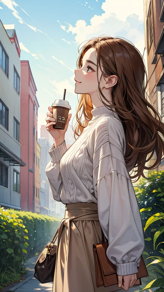 Watercolor, Line art, Monotony, Profile of a woman with a clear face through brown hair, holding a coffee cup in one hand, Look up, Stranger, smile, Brown loose half-up hairstyle and oversized knit sweater, From the chest up, Portrait, SLR, stroll, Fresh greenery, building, mean, 8ｋ