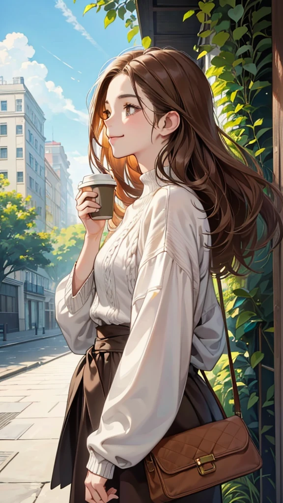 Watercolor, Line art, Monotony, Profile of a woman with a clear face through brown hair, holding a coffee cup in one hand, Look up, Stranger, smile, Brown loose half-up hairstyle and oversized knit sweater, From the chest up, Portrait, SLR, stroll, Fresh greenery, building, mean, 8ｋ