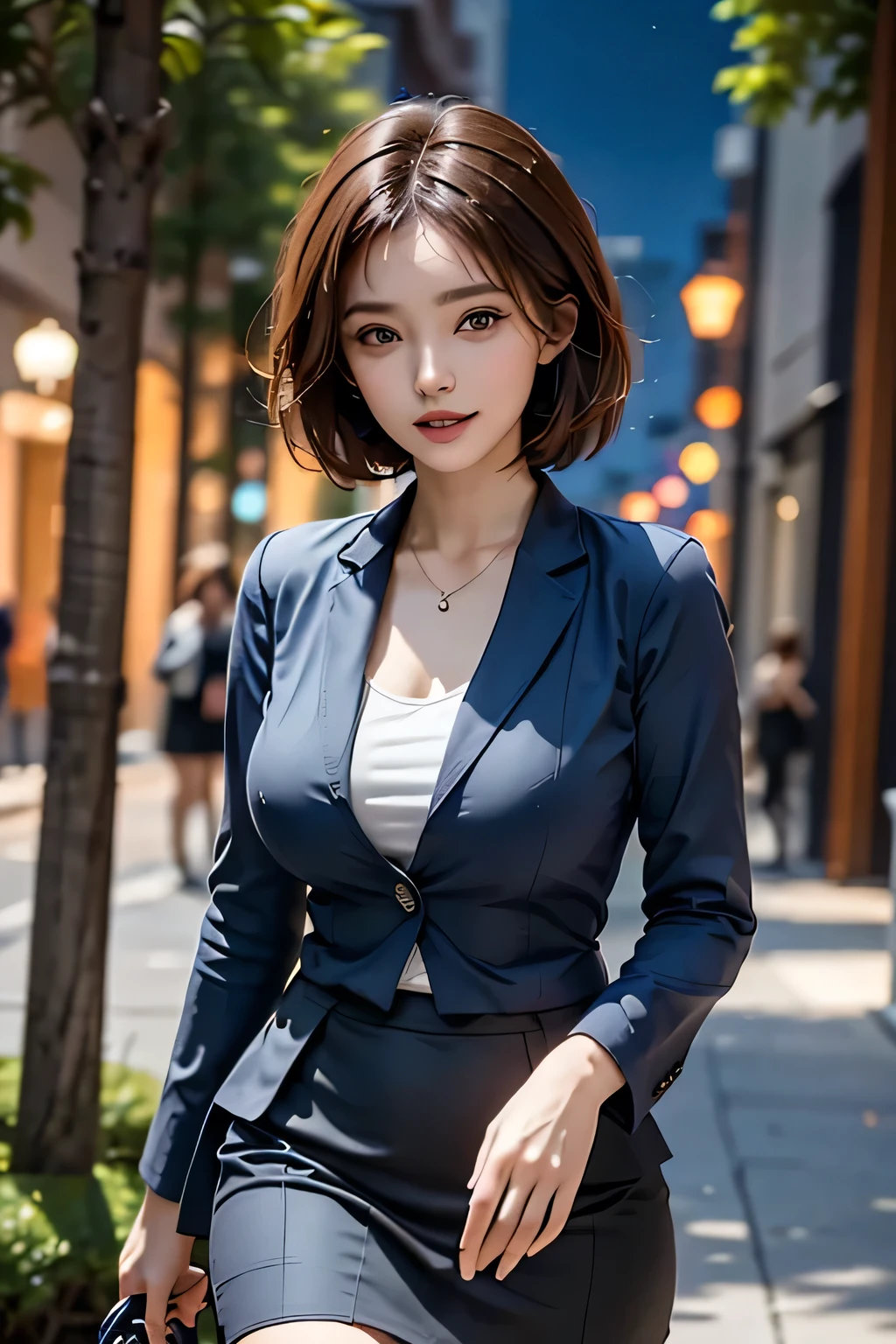 (1 Beauty), beautiful, Great face and eyes, cosmetics, (Extremely delicate beautiful face), (Sexiest Looks), (beautiful big breasts:1.1), (Highest quality:1.4), (Super detailed), (Very detailed CG synthesis 8k wallpaper), Very detailed, Original photo, Professional photography, ((suit)), (Tight Skirt), (Open collar business shirt), Outdoor, ((Night Forest)), (Night Sky), Depth of written boundary