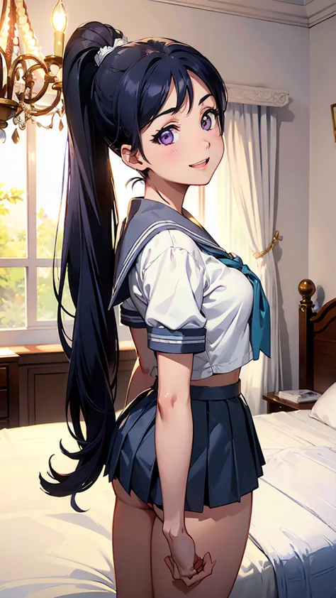 kanan matsuura, blue hair, long hair, ponytail, (purple eyes:1.1), sidelocks,aqua neckerchief, grey sailor collar, grey skirt, m...