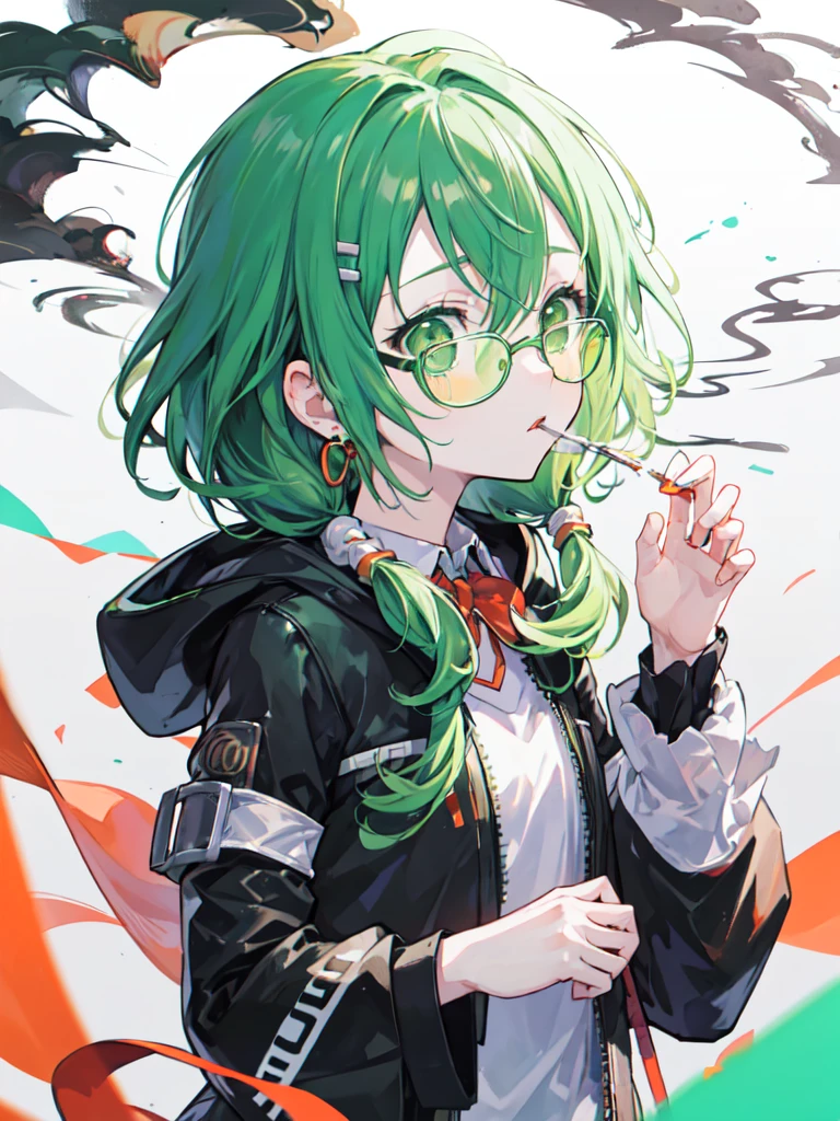 From Adobe,vocaloid GUMI,alone,(Dreadlocks:1.4),short hair,Both sides up,Hime cut,Braiding,(Hair Bun:0.7),(Wavy green hair:1.2),(Smoke everywhere:1.4),Earrings,Put the headset on your head,Cold Eyes,Vocaloid GUMI,He wears black-rimmed, orange-framed glasses.,Green Hair