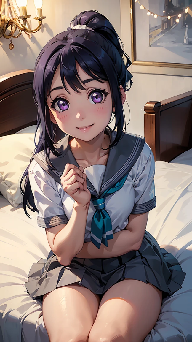 kanan matsuura, blue hair, long hair, ponytail, (purple eyes:1.1), sidelocks,aqua neckerchief, grey sailor collar, grey skirt, miniskirt, neckerchief, pleated skirt, sailor collar, sailor shirt, school uniform, serafuku, shirt, skirt, summer uniform, uranohoshi school uniform, white shirt,-- -- ((Top view 1.3))),((Top view of lying down 1.3))), ((Lying on bed with legs spread wide))), (Wet genitals 1.2), (((Best smile 1.3))), (((Lying on back 1.3))), ((Lying on bed 1.3))), (Cute expression), ((Blushing and shy expression 1.3)), ,---(8K, Raw, Highest quality, Real 1.2), Ultra High Quality, High Resolution, Top Quality, Perfect Face, Perfect Limbs, Perfect Fingers, High Resolution, (Beautiful Anime Face, Cute Face, Detailed Face), Joyful Smile, Smiling Expression, Lying on Bed, Cowboy Shot, Miniature Human Hands, (((medium Bust 1.3))), (((Thin Thighs 1.3))), Pure White Chalk Interior, Pure White Marble Interior, ((Pure White Bedroom Like Western Castle 1.5)), (((Luxurious Pure White Canopy Bed 1.4)), (((Chandelier 1.4))), ((Pure White Bed 1.5)), ((Beautifully Decorated Bedroom 1.5)), ((Modern Style Bedroom 1.5 )), perfect anatomy, perfect proportions, nice lighting, bright colors, clean lines, information, blurred, stunning facial expressions, restless emotions, gorgeous and cute, beautiful face and eyes with every detail, (masterpiece) beautiful face, young and handsome girl, really perfect skin, blurred, facial expressions, restless emotions, gorgeous and cute, beautiful face and eyes with every detail, (Audrey Hepburn), (cute), (J-POP idol), (thighs, (depth of field), (depth of field), soft light, sparkling lens gaze, (droopy eyes), straight teeth, shy smile, fluttering hair, a scene from Blake's 