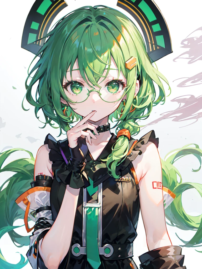 From Adobe,vocaloid GUMI,alone,(Dreadlocks:1.4),short hair,Both sides up,Hime cut,Braiding,(Hair Bun:0.7),(Wavy green hair:1.2),(Smoke everywhere:1.4),Earrings,Put the headset on your head,Straight eyes,Vocaloid GUMI,He wears black-rimmed, orange-framed glasses.,Green Hair