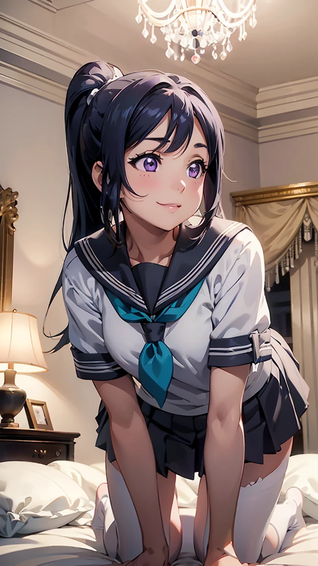 kanan matsuura, blue hair, long hair, ponytail, (purple eyes:1.1), sidelocks,aqua neckerchief, grey sailor collar, grey skirt, miniskirt, neckerchief, pleated skirt, sailor collar, sailor shirt, school uniform, serafuku, shirt, skirt, summer uniform, uranohoshi school uniform, white shirt,--- --Rear view, woman turned away from you, on all fours, thin figure, slender girl 1, (((sleepy expression))), (((dozing))) , , --- --Pure white panties are visible, (from below: 1.2), --- --Beautiful pure white lace bra, (((Show me your beautiful pure white lace lingerie))). ((Pure white and beautiful panties)), pure white and beautiful stockings, ---(8K, Raw, Highest Quality, Real 1.2), Ultra High Quality, High Resolution, Highest Quality, Perfect Face, Perfect Limbs, Perfect Fingers, High Resolution, (Beautiful Anime Face, Cute Face, Detailed Face), Joyful Smile, Smiling Expression, Lying on Bed, Cowboy Shot, Miniature Human Hand, (((medium Bust 1.3))), (((Slender Thighs 1.3))), Pure White Chalk Interior, Pure White Marble Interior, ((Pure White Bedroom Like a Western Castle: 1.5)), ((Luxurious Pure White Canopy Bed: 1.4)), (((Chandelier: 1.4))), ((Pure white bed 1.5)), ((Beautifully decorated bedroom 1.5)), ((Modern style bedroom 1.5)), Perfect anatomy, Perfect proportions, Nice lighting, Bright colors, Clean lines, Information, Blurred, Stunning facial expression, Restless emotions, Gorgeous and pretty, Beautiful face and eyes with every detail, (Masterpiece) Beautiful face, Young and handsome girl, Really perfect skin, Blurred, Stunning facial expression, Restless emotions, Gorgeous and pretty, Beautiful face and eyes with every detail, (Audrey Hepburn), (Cute), (J-POP idol), (Thighs, (Depth of field), (Depth of field), Soft light, Sparkling lens gaze, (Droopy eyes), Straight teeth, Shy smile, Flowing hair, A scene from Blake's movie,,