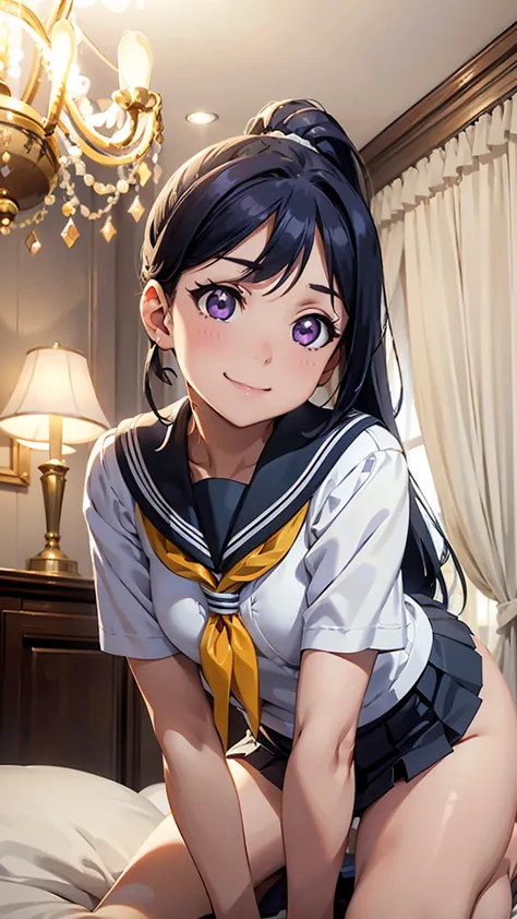 kanan matsuura, blue hair, long hair, ponytail, (purple eyes:1.1), sidelocks,aqua neckerchief, grey sailor collar, grey skirt, m...