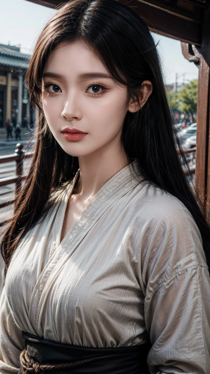 1 Girl,whole body,Extremely detailed face, Beautiful and delicate eyes,There is light on the face,Movie Lighting,Looking at the audience,outdoor,Black Hair,(Black Chinese Building:0.05),Hanfu,