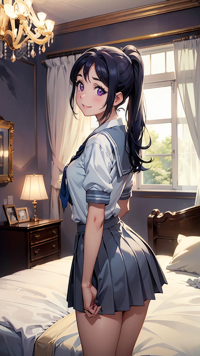 kanan matsuura, blue hair, long hair, ponytail, (purple eyes:1.1), sidelocks,aqua neckerchief, grey sailor collar, grey skirt, miniskirt, neckerchief, pleated skirt, sailor collar, sailor shirt, school uniform, serafuku, shirt, skirt, summer uniform, uranohoshi school uniform, white shirt,-- -- ((On all fours))), (((White panties clearly visible from behind))), (((Legs spread 1.3))), ((((Composition from behind 1.3))), (((Back visible))), (((White panties clearly visible 1.3))), (Wet), Fair skin, (Slim figure 1.2), (( (Thin thighs 1.3))), Fair skin, -- --- ((Pure white and beautiful panties)), stockings, ---(8K, Raw, Highest Quality, Real 1.2), Ultra High Quality, High Resolution, Highest Quality, Perfect Face, Perfect Limbs, Perfect Fingers, High Resolution, (Beautiful Anime Face, Cute Face, Detailed Face), Joyful Smile, Smiling Expression, Lying on Bed, Cowboy Shot, Miniature Human Hand, (((medium bust 1.3))), (((thin thighs 1.3))), ((white walls bedroom 1.5)), ((white framed bed 1.5)), ((white ceiling bedroom 1.5)), ((divine light 1.5)), pure white chalk interior, pure white marble interior, ((Pure white bedroom like a Western castle: 1.5)), ((Luxurious pure white canopy bed: 1.4)), ((Chandelier: 1.4))), ((Pure white bed 1.5)), ((Beautifully decorated bedroom 1.5)), perfect anatomy, perfect proportions, nice lighting, bright colors, clean lines, information, blurred, stunning facial expression, restless emotions, gorgeous and cute, beautiful face and eyes in every detail, (masterpiece) beautiful face, young and handsome girl, really perfect skin, blurred, stunning facial expression, restless emotions, gorgeous and cute, beautiful face and eyes in every detail, (Audrey Hepburn), (cute), (J-POP idol), (thighs, (depth of field), (depth of field), soft light, glittering lens gaze, (droopy eyes), straight teeth, shy smile, flowing hair, a scene from Blake's movie