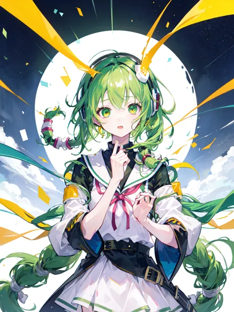 from adobe,vocaloid gumi,alone,(dreadlocks:1.4),short hair,both sides up,hime cut,braiding,(hair bun:0.7),(wavy green hair:1.2),...