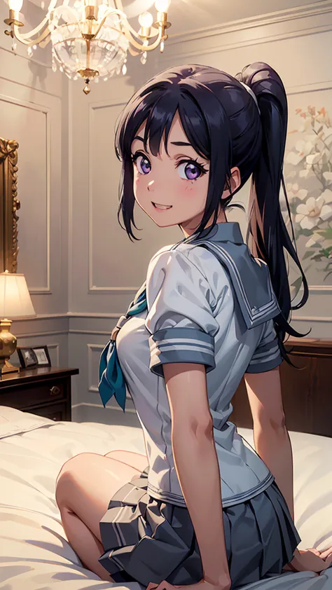 kanan matsuura, blue hair, long hair, ponytail, (purple eyes:1.1), sidelocks,aqua neckerchief, grey sailor collar, grey skirt, m...