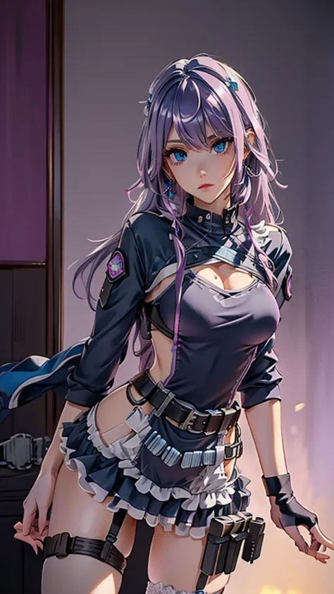 2 girls ,purple hairs, green inner hair, straight hair, blue eyes, very large breasts, sexy cyberpunk style, tactical jacket, co...