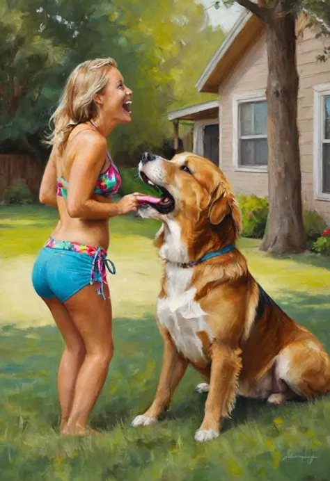 brea larson (age 25, colorful bikini) playing with a big happy dog, licking face, backyard fun, scene of happiness