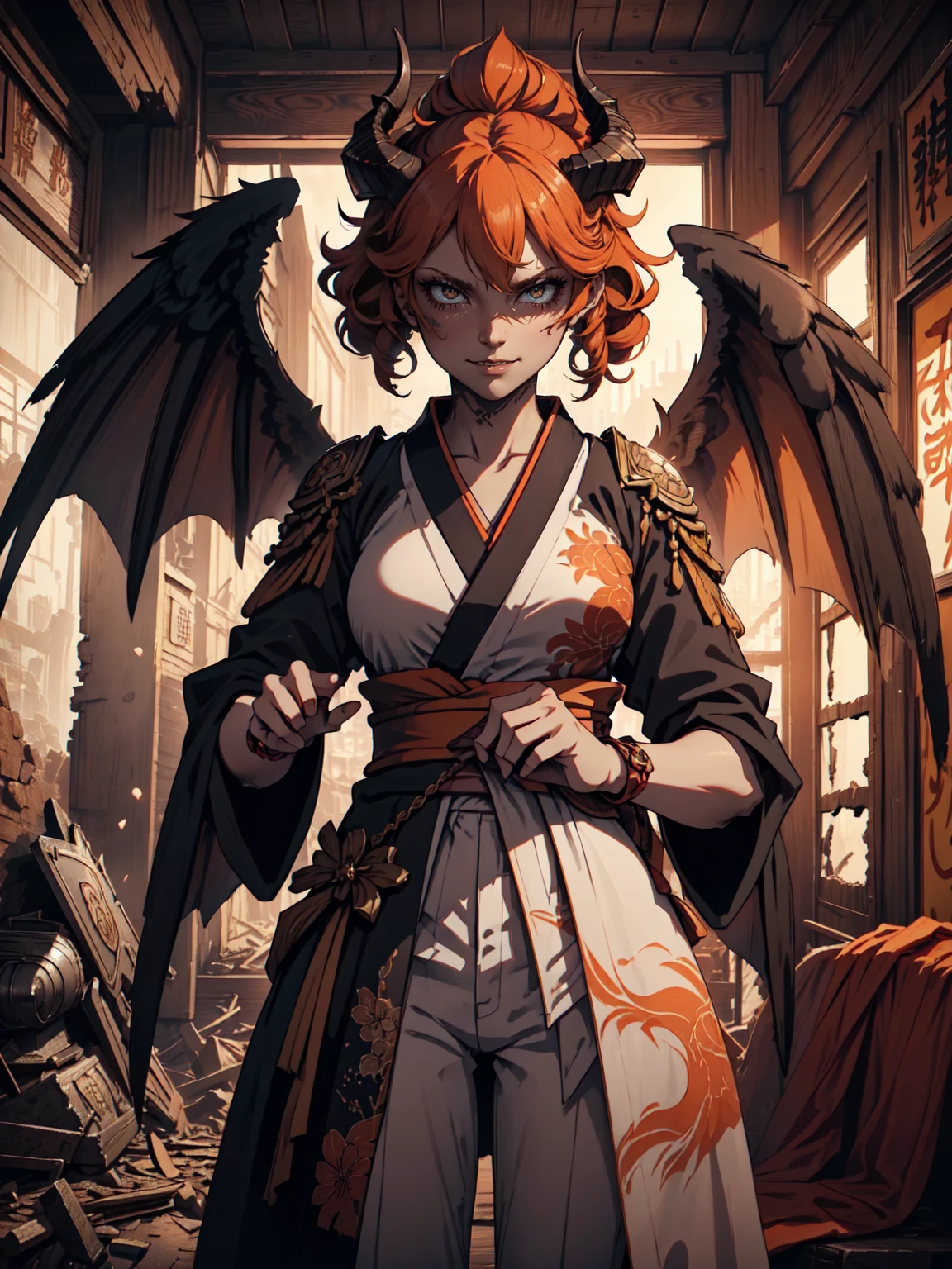 最high quality、Ultra High Definition, Ultra High Quality, Hyper Detailed, Extremely Detailed, Best image quality、masterpiece、anime Demon Young Mistress((25-year-old、super dynamic pose , Valkyrie,  Solid Orange Demon Eyes, Long Orange Curly Hair 、Disheveled Hair 、 Big Angel Dark Wings, White-Orange Horns, Dressed With Black Kimono, Pants, Evil Smile, Scary expression, charismatic, Detailed Kimono , ))Beautiful art、background((Inside the burned town))、Written boundary depth、anime style,Visual Art, 8K,Genuine