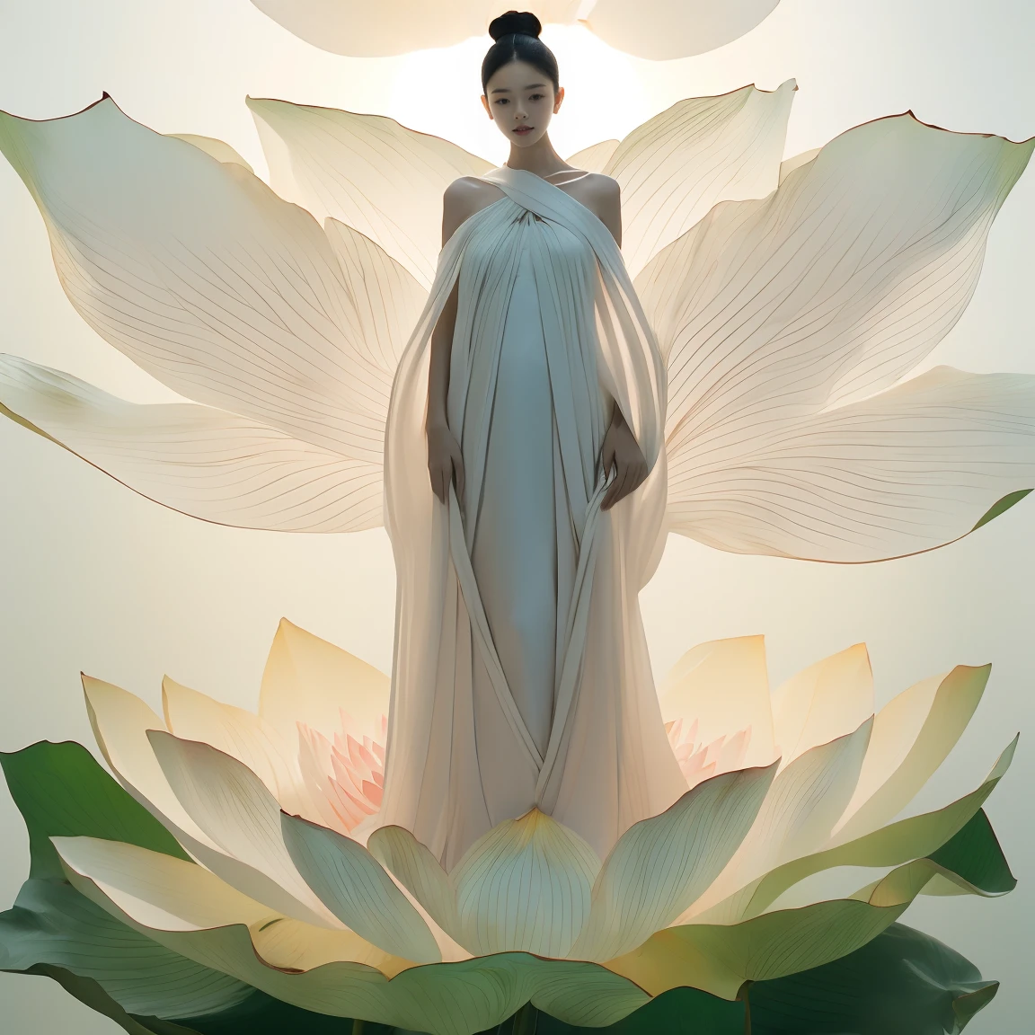 Axisymmetric:2，Front view，Symmetrical composition，Light pink and light white,Full body female,  White background, Natural Lighting, Lighting Effects, The Minimalists, elegant, Pure tenderness, Soft lighting, Realistically. woman (clavicle, Shoulders,) Place in (pray and stand) super giant lotus，The petals are big and long (The petals are very thin, Soft gauze, Full background of flowing petals, Floating petals, Super Flying Petals, Smoke and petals mixed effect), lotus dress,((view)).lotus_leaf_Fairy，Anatomically correct，((best quality)), ((masterpiece)), ((Practical))