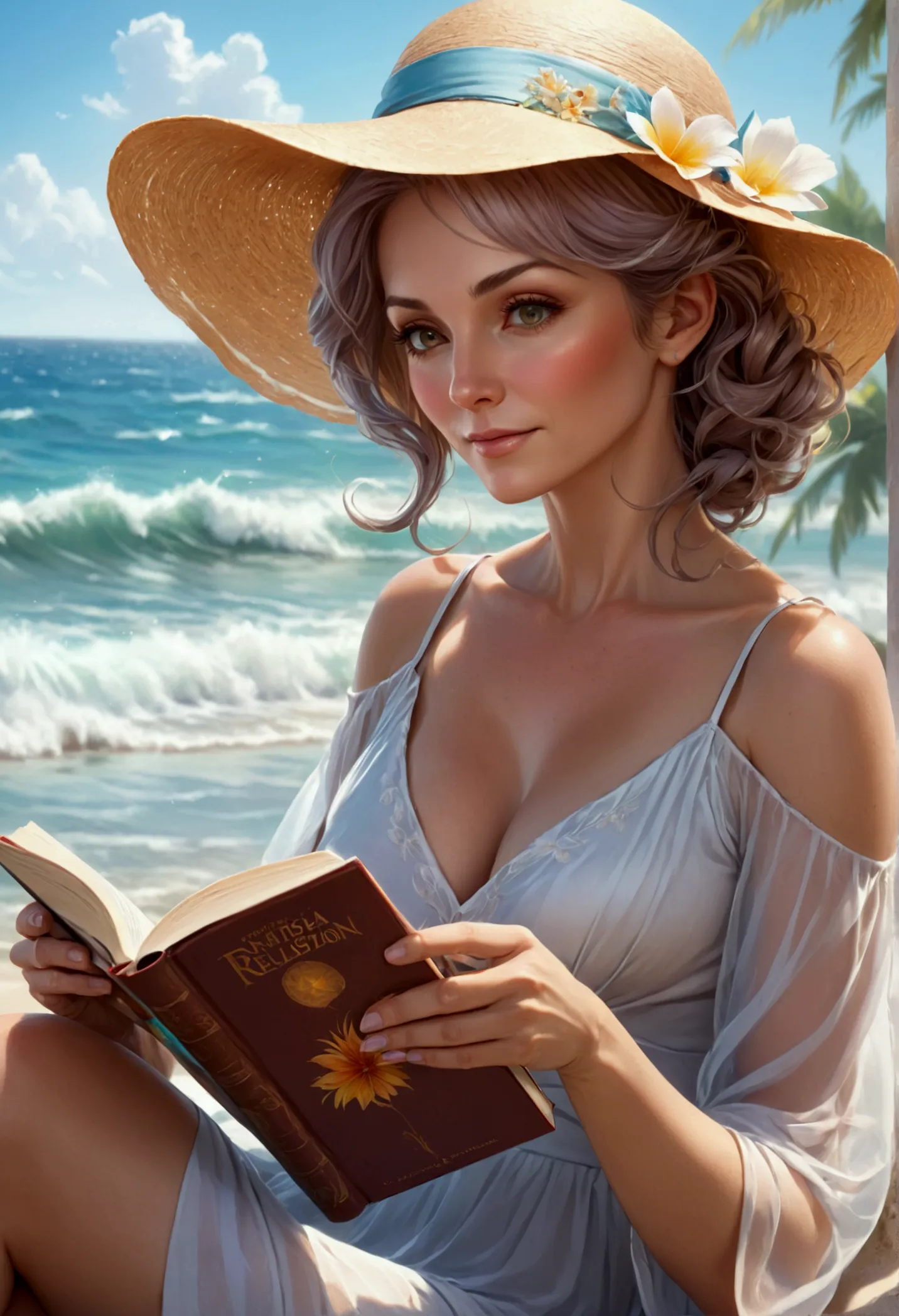 a picture of a mature woman reading a book on the beach during summer vacation, a beautiful mature woman, dynamic hair color, dy...