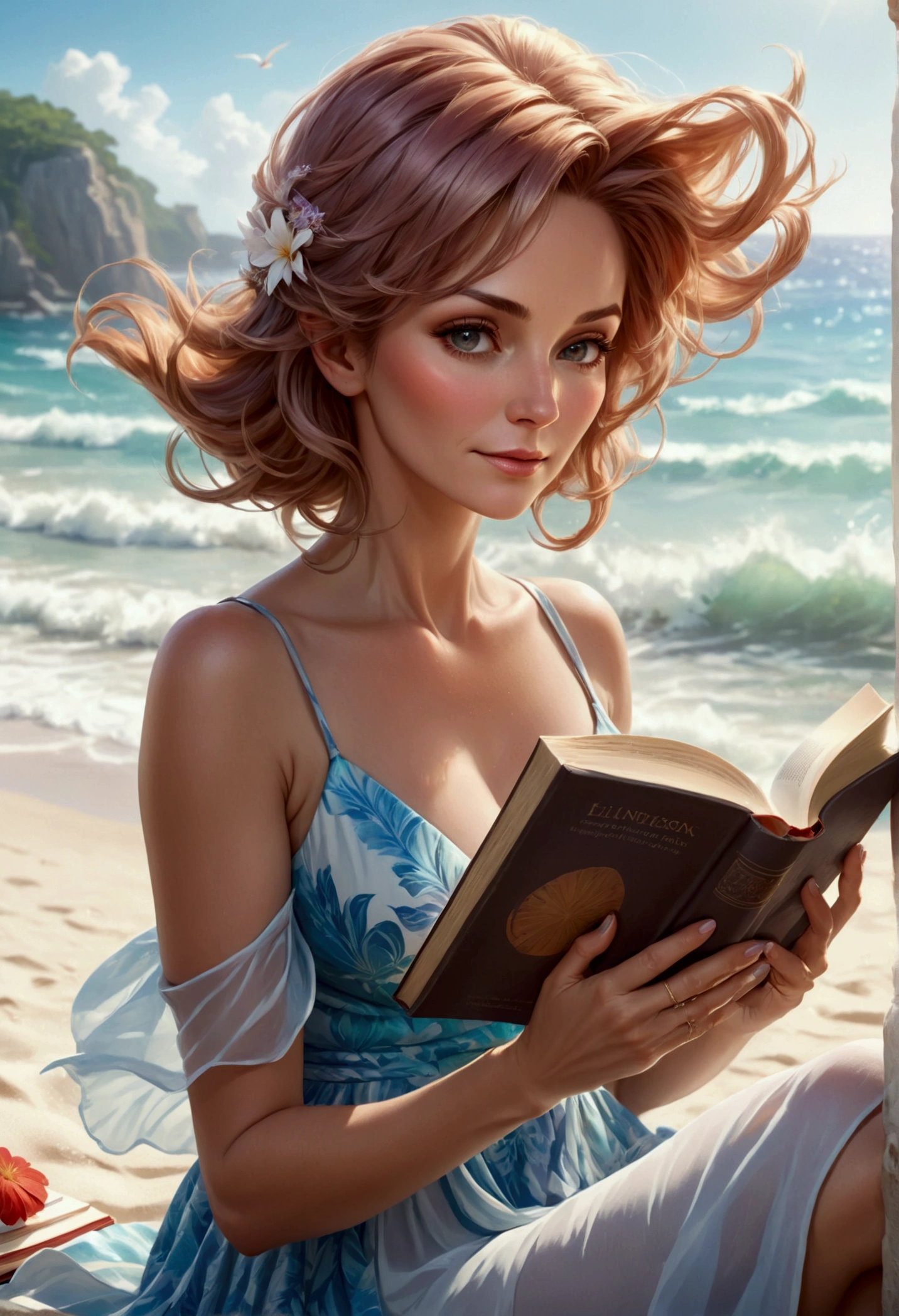 a picture of a mature woman reading a book on the beach during summer vacation, a beautiful mature woman, dynamic hair color, dynamic hair style, dynamic skin complexion, reading a book at the beach, wearing light dress, beach at summer time, sunny day, fantasy beach background,  a sense of relaxion, a sense of bliss, calm atmosphere,  , high details, best quality, 16k, [ultra detailed], masterpiece, best quality, (extremely detailed), dynamic angle, ultra wide shot, photorealistic, ((fantasy art)) ultra best realistic, best details, best quality, 16k, [ultra detailed], masterpiece, best quality, (extremely detailed), photorealism, depth of field, hyper realistic