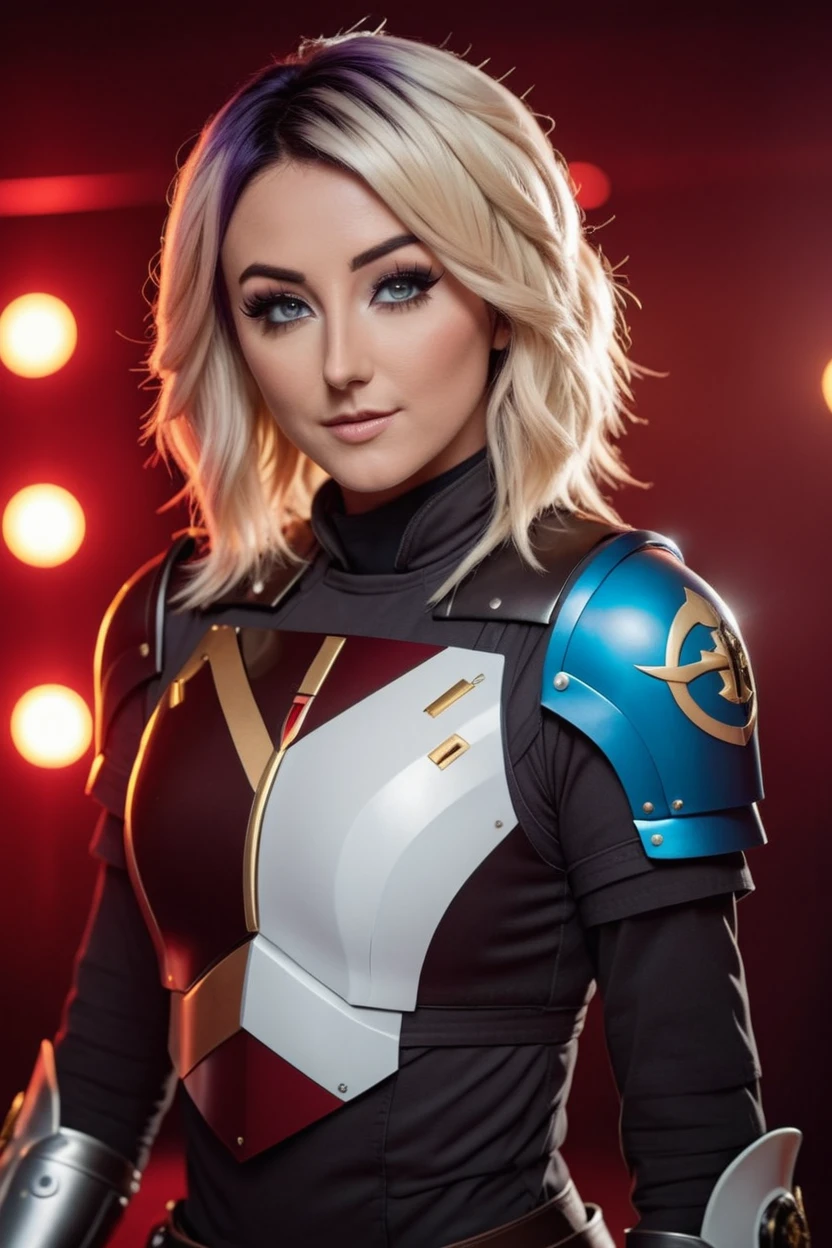 cinematic photo a photograph of a blonde Jessica Nigri wearing armor at observatory. 35mm photograph, film, bokeh, professional, shot by david lachapelle, 4k, highly detailed