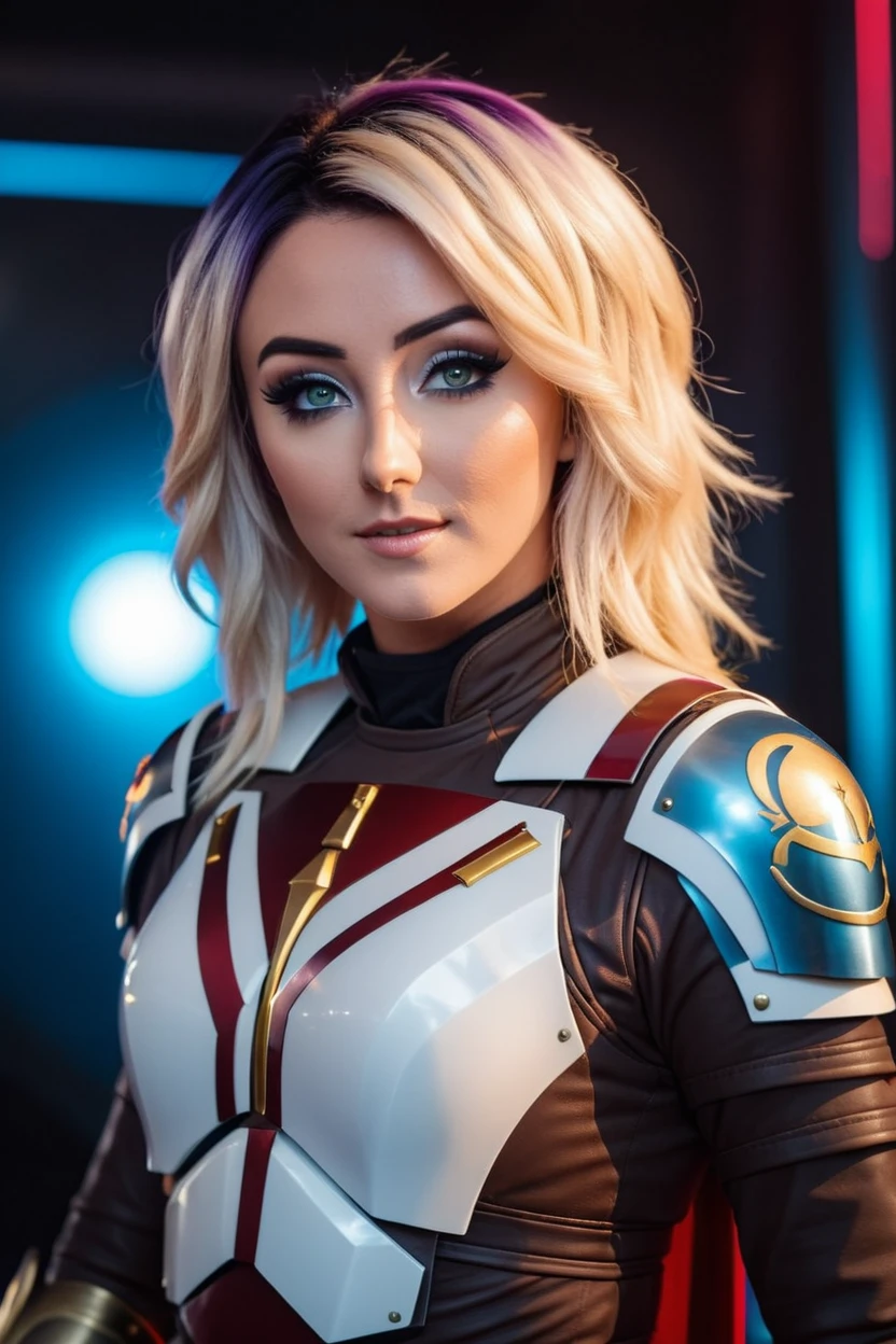 cinematic photo a photograph of a blonde Jessica Nigri wearing armor at observatory. 35mm photograph, film, bokeh, professional, shot by david lachapelle, 4k, highly detailed