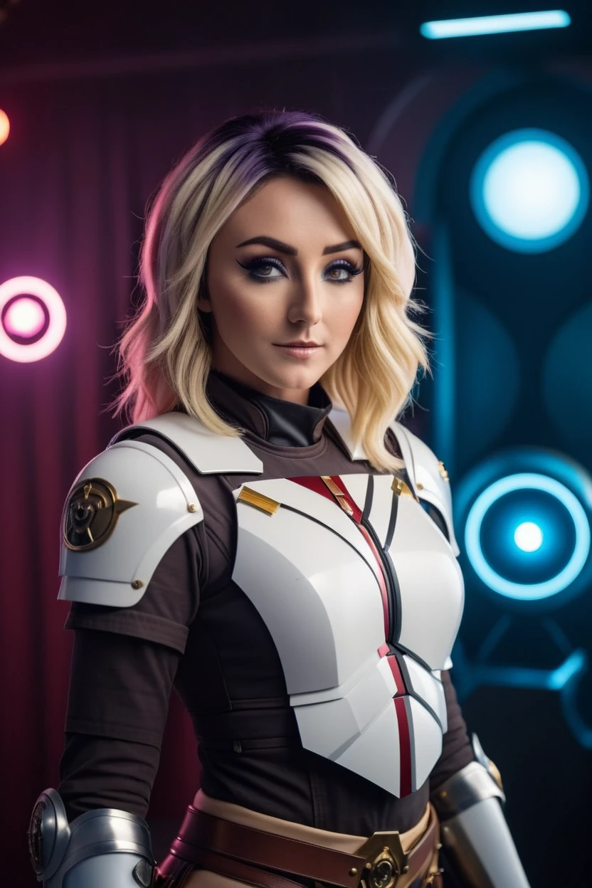 cinematic photo a photograph of a blonde Jessica Nigri wearing armor at observatory. 35mm photograph, film, bokeh, professional, shot by david lachapelle, 4k, highly detailed