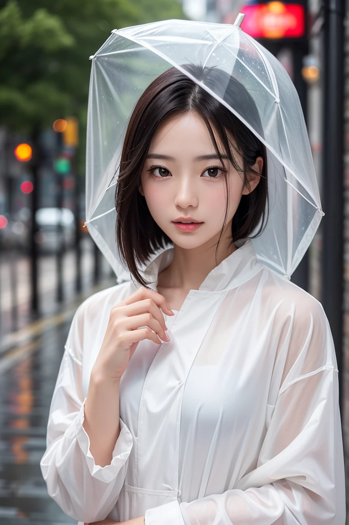 best quality, 8k, very delicate and beautiful, highly detailed face and skin texture, shiny skin, high resolution, sexy japanese girl in raincoat walking on a wet street, sharp focus