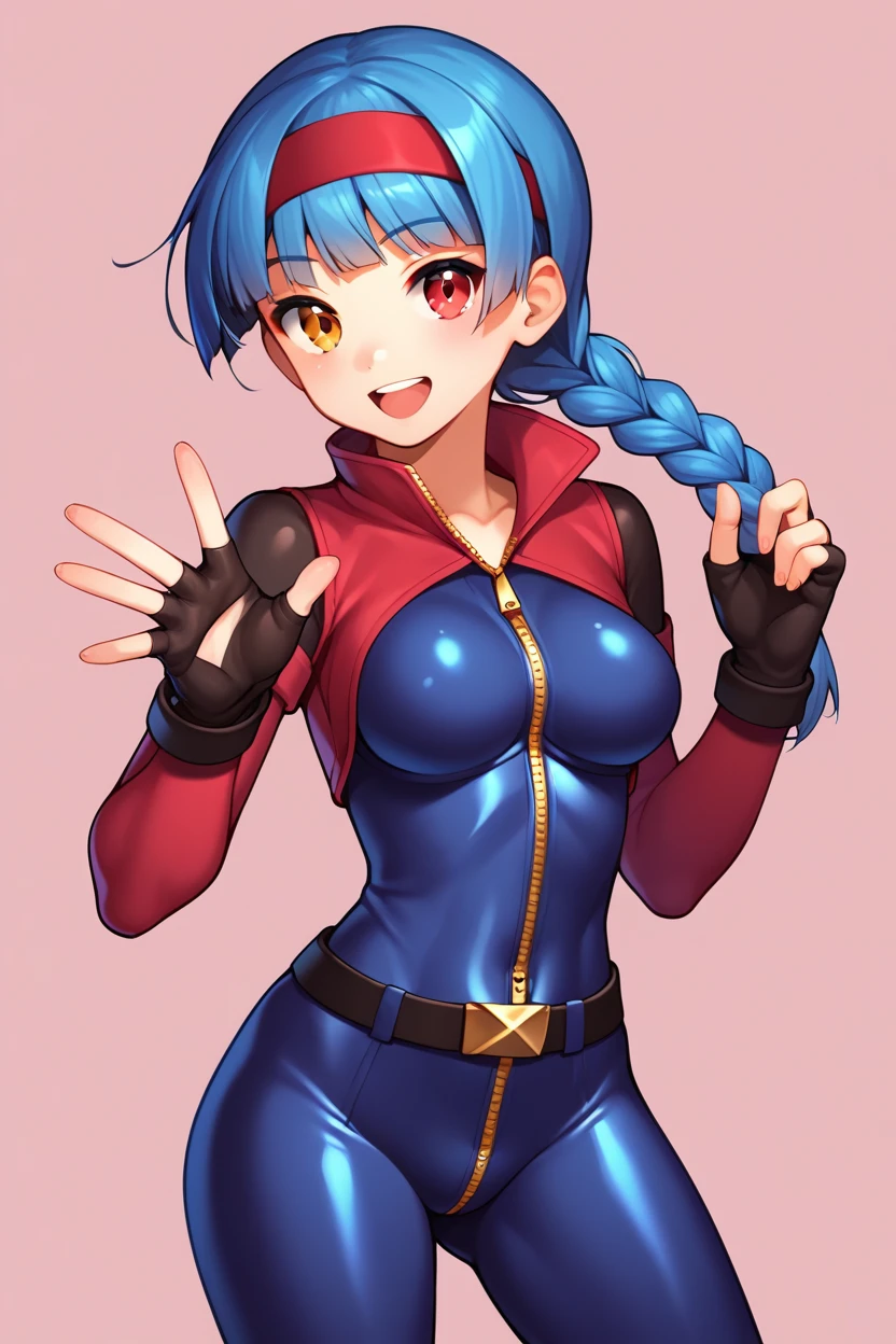 , score_8_up, score_7_up,score_6_up, score_5_up, score_4_up , 1girl, solo, ((Split hair)), ((brown hair)), ((blue hair)). heterochromia, brown eyes and red eyes, yuri, dougi, spandex, headband, fingerless gloves, , brown hair, brown eyes, single braid, kula, blue hair, red eyes, bodysuit, gloves, zipper, happy, cowboy shot, simple background