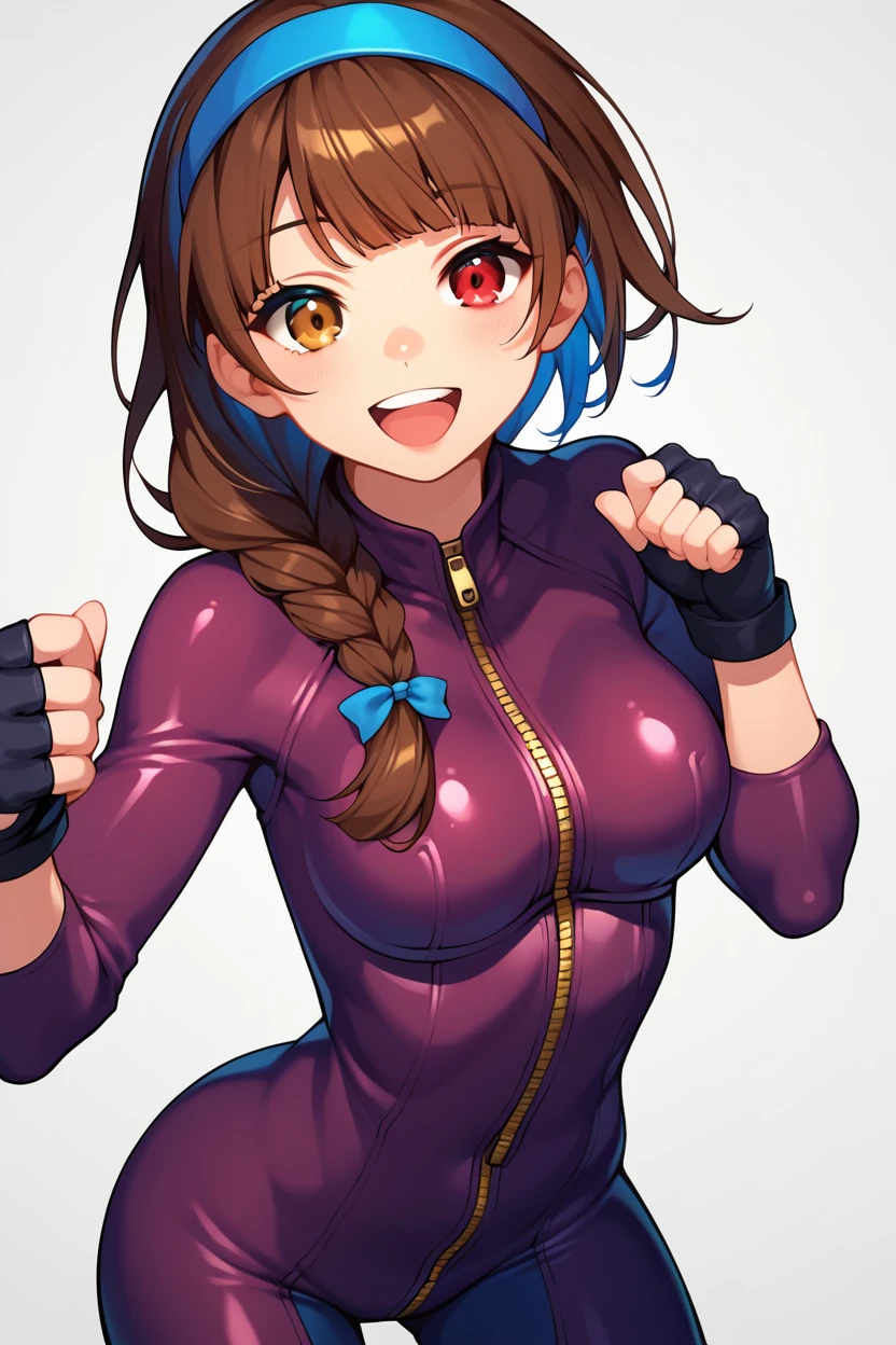 , score_8_up, score_7_up,score_6_up, score_5_up, score_4_up , 1girl, solo, ((Split hair)), ((brown hair)), ((blue hair)). heterochromia, brown eyes and red eyes, yuri, dougi, spandex, headband, fingerless gloves, , brown hair, brown eyes, single braid, kula, blue hair, red eyes, bodysuit, gloves, zipper, happy, cowboy shot, simple background