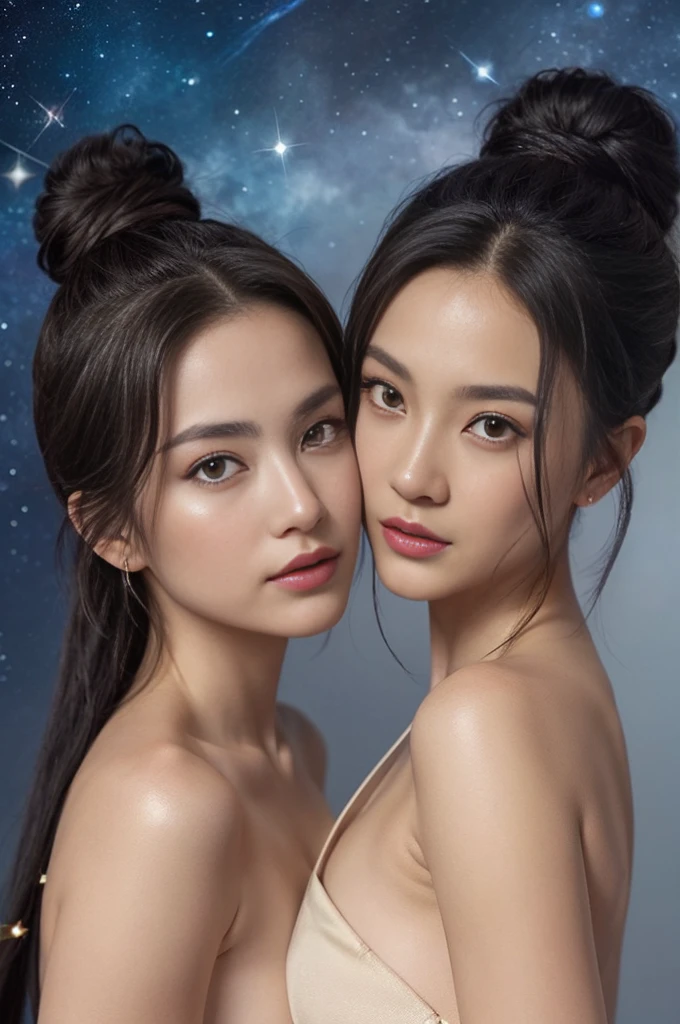 ((Naked))-level image quality、closeup portrait:1.4,detailed faces,Like a shot with an SLR、Sensual body,thighs、slit、Painting a work of art depicting two women in naked,duo,((sisterhood)),front view,rendering by octane, hdr,leering:1.3,topknots,hairbuns,Chinese hair ornament:1.4,Chinese hairpins:1.4,Chinese hairsticks:1.4,Fireflies, night, starry sky, jewelry,light particles, (fantasy: 1.2), stars, fantasy,