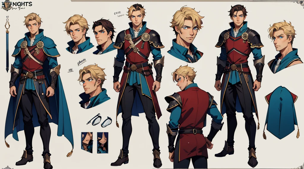 Male original character reference sheet adoptable, manhwa style, man in knights armor