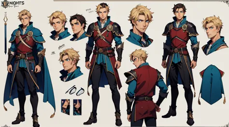 male original character reference sheet adoptable, manhwa style, man in knights armor