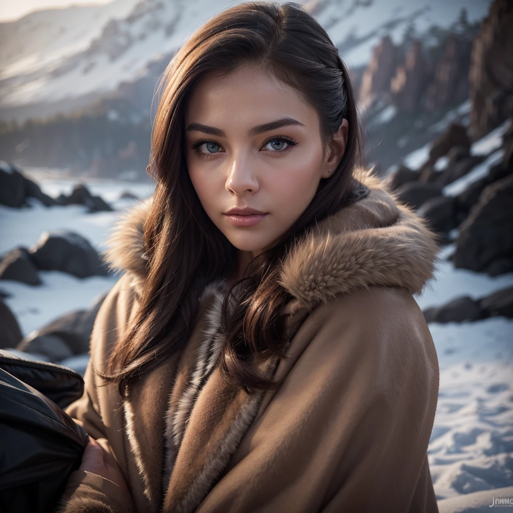 chrrblssm (sharp focus:1.2), photo, attractive young woman, (beautiful face:1.1), detailed eyes, luscious lips, (smokey eye makeup:0.85), wearing (fur coat:1.2) on a (cliffside:1.2). (moody lighting:1.2), depth of field, bokeh, 4K, HDR. by (James C. Christensen:1.2|Jeremy Lipking:1.1).