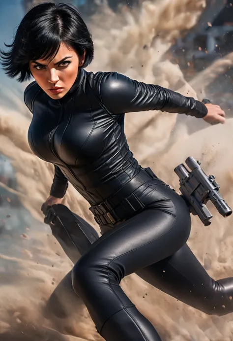 a highly detailed, photorealistic portrait of a beautiful female secret agent with short black hair, wearing a tight black outfi...