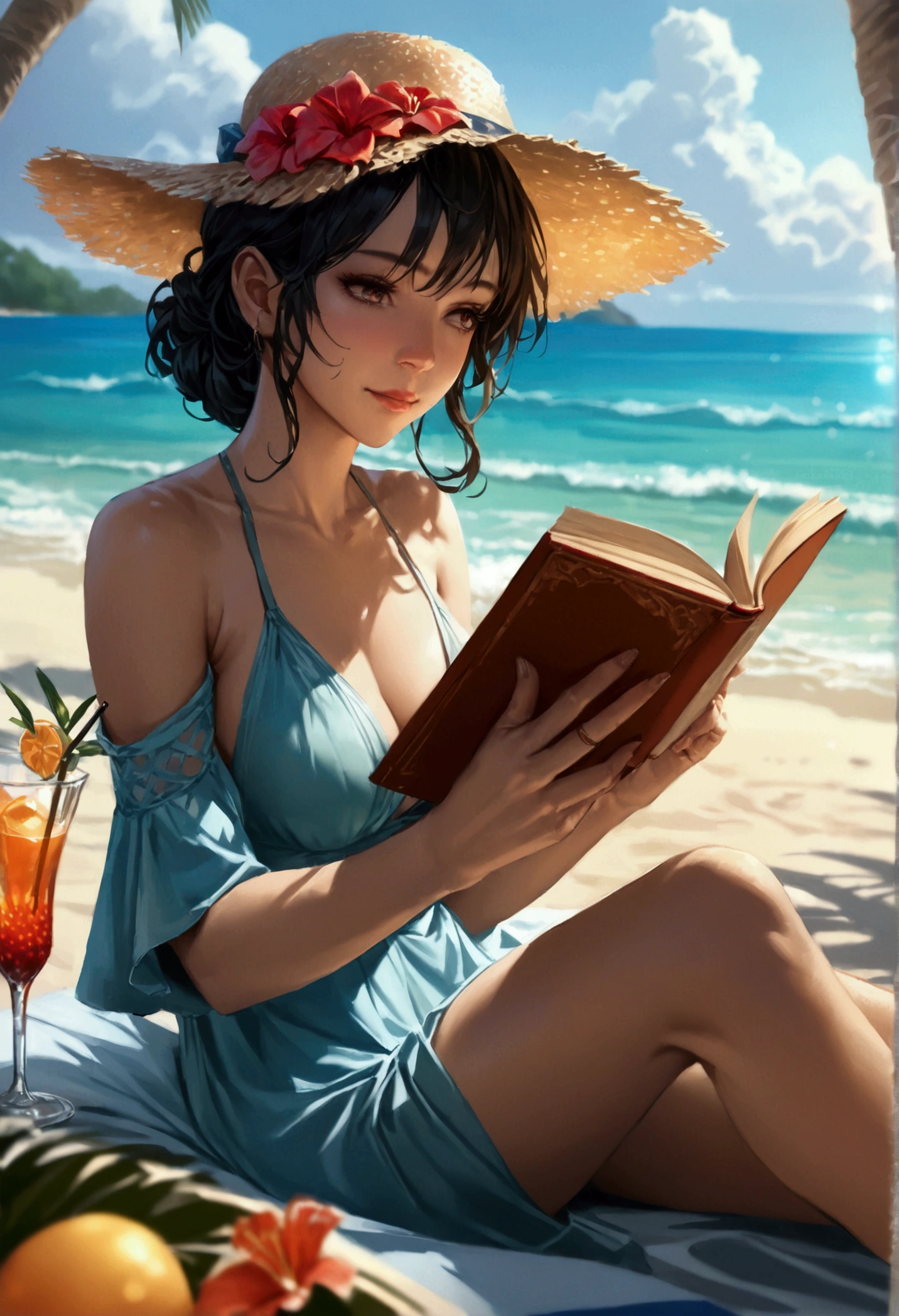 a picture of a mature woman reading a book on the beach during summer vacation, a beautiful mature woman, dynamic hair color, dynamic hair style, dynamic skin complexion, reading a book at the beach, wearing light dress, beach at summer time, (exotic cocktail drink: 1.1), sunny day, fantasy beach background,  a sense of relaxion, a sense of bliss, calm atmosphere,  , high details, best quality, 16k, [ultra detailed], masterpiece, best quality, (extremely detailed), dynamic angle, ultra wide shot, photorealistic, ((fantasy art)) ultra best realistic, best details, best quality, 16k, [ultra detailed], masterpiece, best quality, (extremely detailed), photorealism, depth of field, hyper realistic