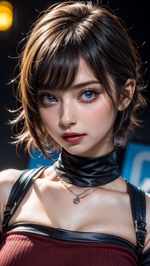 ((Beautiful Face:1.4)),cyber punk edgerunners, One person, Lucy (cyber punk), Exposing shoulders, blue eyes, chest, leotard, View your viewers, medium chest, Off the shoulderジャケット, Off the shoulder, Red eyeliner, short hair, sleeveless turtleneck leotard, alone, turtleneck leotard, Gray Hair, ((masterpiece)) (Highest quality, masterpiece),((Natural big breasts:1.2))