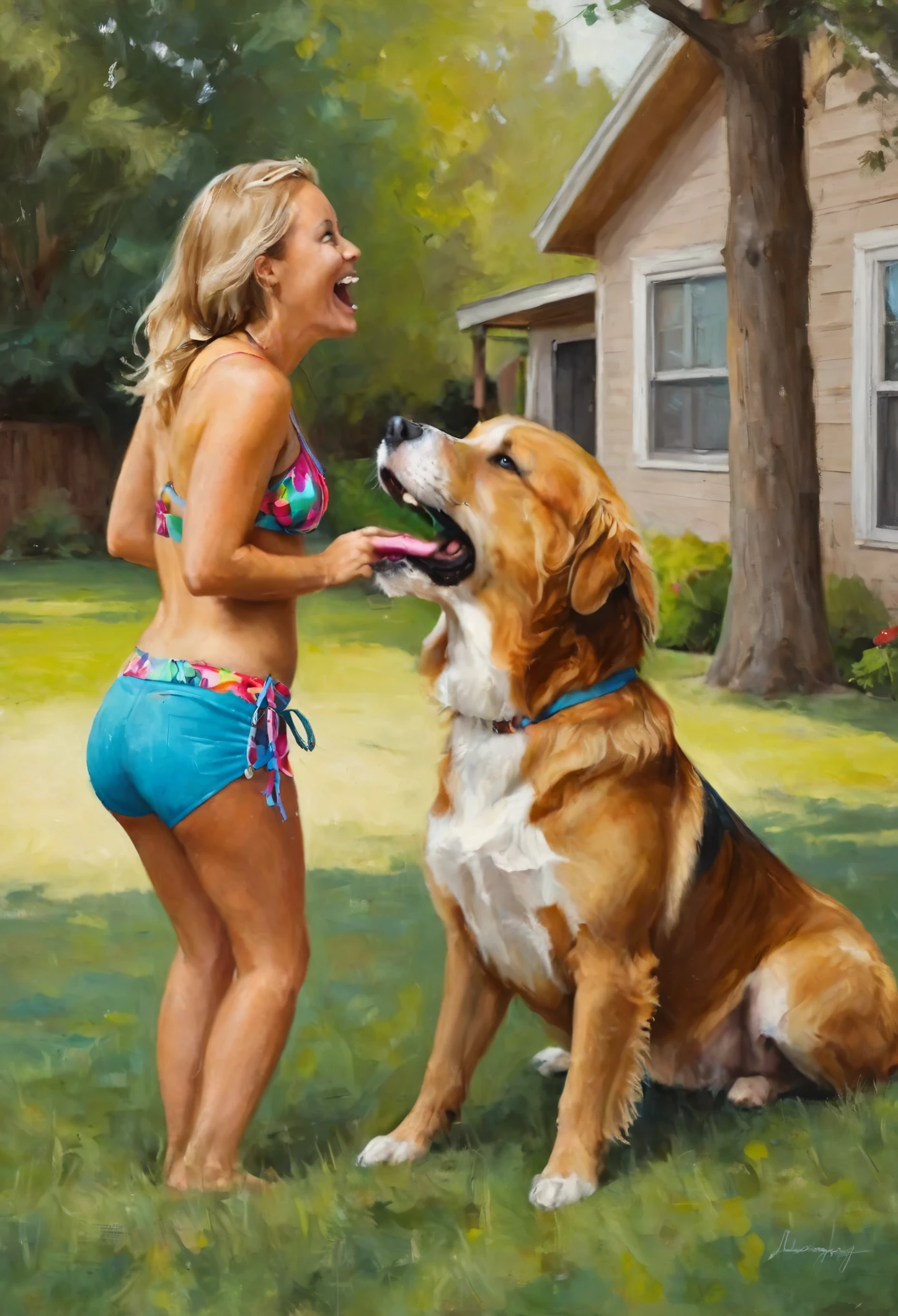 Brea Larson (age 25, colorful bikini) playing with a big happy dog, licking face, backyard fun, scene of happiness
