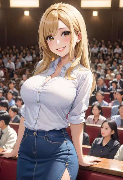 woman、clear、intellectual、womanアナウンサー、straight hair、blonde、watching the audience、white blouse、denim tight skirt、ample breasts、a k...