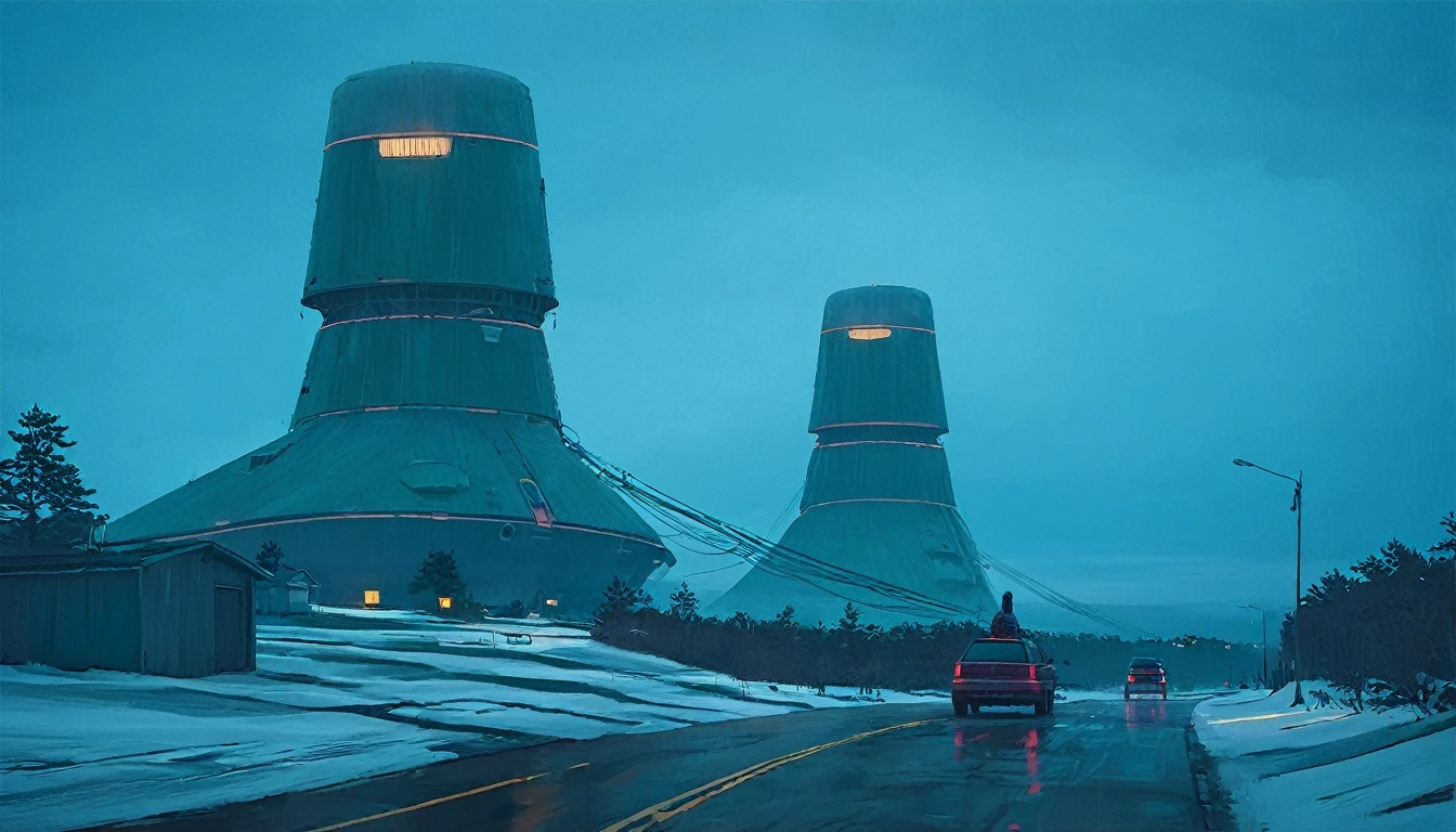 (lora:21Stalenhag:1),(masterpiece), (best quality), (ultra-detailed), (best illustration), (best shadow), (absurdres),((draw by Simon Stlenhag)), ((draw by Simon Stlenhag)), Simon Stlenhag style,SIMON STÅLENHAG, A rainy, dystopian cityscape viewed through a window with raindrops. In the distance, towering, futuristic advertising towers dominate the skyline, each covered in massive digital billboards displaying various logos, brands, and characters. The sky is a muted teal, casting a surreal atmosphere over the scene. The towers are interconnected by numerous thin cables, and below them, a sea of small suburban houses stretches out. The overall mood is one of futuristic, corporate domination over a residential area, A rainy evening scene on a highway, where cars drive toward a massive, futuristic tower in the distance. The view is through a windshield speckled with raindrops, creating a blurred, reflective effect. The tower is illuminated with red lights that glow ominously in the misty blue-green atmosphere. Thin cables extend from the tower into the foggy sky, adding to the sense of scale and mystery. The wet road reflects the tower's lights, emphasizing the moody and sligh A calm winter scene in a suburban neighborhood covered in snow. Above the houses, massive futuristic airships with glowing lights hover silently, casting a blue-green hue across the evening sky. A person dressed in warm clothing stands in the snow, holding packages, and gazing up at the airships in awe. The street is quiet, with footsteps visible in the snow leading to the houses, one of which has lights on, indicating warmth inside, A serene, dystopian landscape at dusk, featuring a vast, open field leading to a dark forest. In the background, towering, futuristic buildings with complex, stacked structures rise above the trees, glowing with blue and warm lights. A lone SUV drives on a narrow dirt road towards the forest, creating a sense of isolation. The sky is overcast with a cold, bluish hue