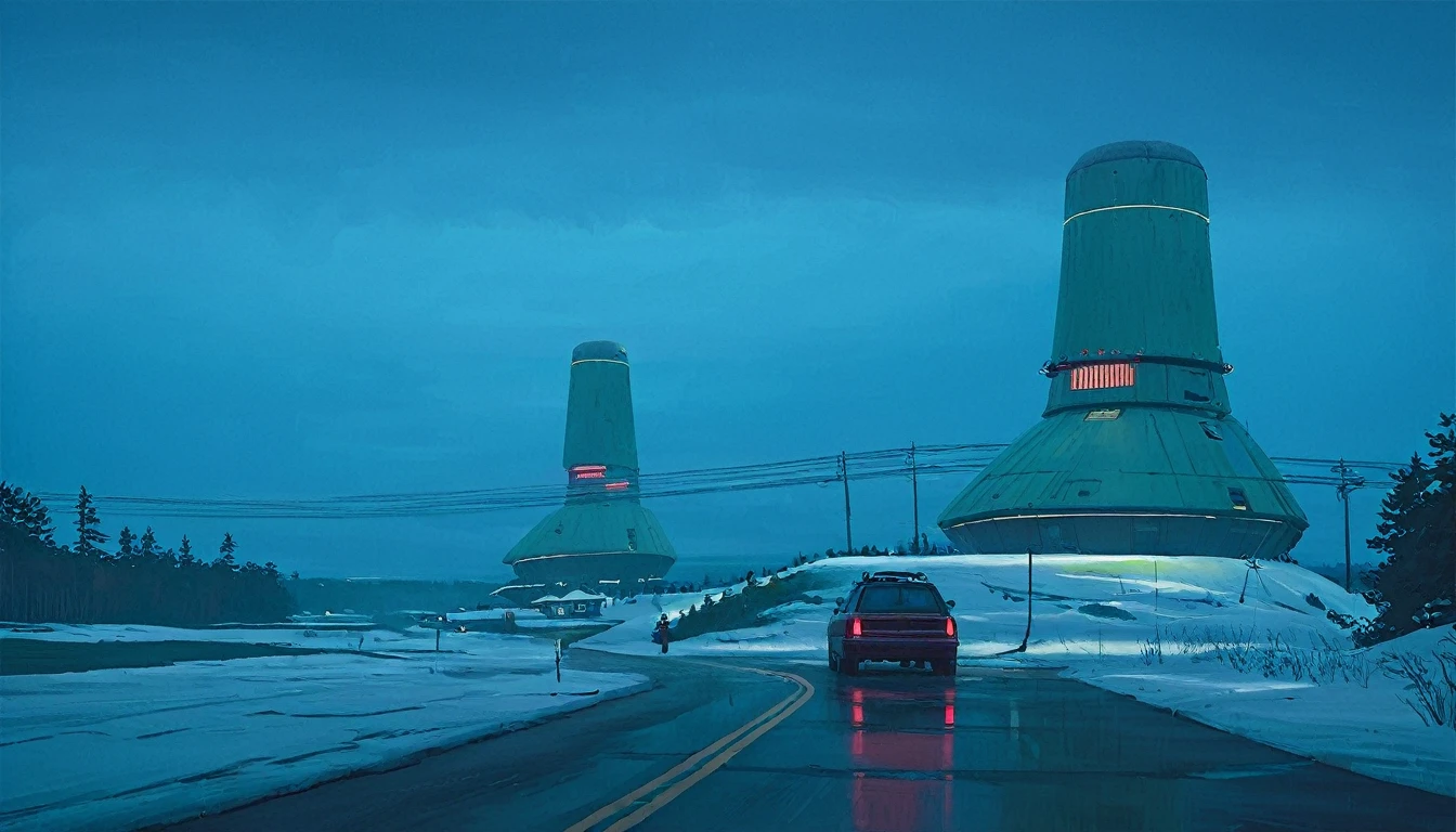 (lora:21Stalenhag:1),(masterpiece), (best quality), (ultra-detailed), (best illustration), (best shadow), (absurdres),((draw by Simon Stlenhag)), ((draw by Simon Stlenhag)), Simon Stlenhag style,SIMON STÅLENHAG, A rainy, dystopian cityscape viewed through a window with raindrops. In the distance, towering, futuristic advertising towers dominate the skyline, each covered in massive digital billboards displaying various logos, brands, and characters. The sky is a muted teal, casting a surreal atmosphere over the scene. The towers are interconnected by numerous thin cables, and below them, a sea of small suburban houses stretches out. The overall mood is one of futuristic, corporate domination over a residential area, A rainy evening scene on a highway, where cars drive toward a massive, futuristic tower in the distance. The view is through a windshield speckled with raindrops, creating a blurred, reflective effect. The tower is illuminated with red lights that glow ominously in the misty blue-green atmosphere. Thin cables extend from the tower into the foggy sky, adding to the sense of scale and mystery. The wet road reflects the tower's lights, emphasizing the moody and sligh A calm winter scene in a suburban neighborhood covered in snow. Above the houses, massive futuristic airships with glowing lights hover silently, casting a blue-green hue across the evening sky. A person dressed in warm clothing stands in the snow, holding packages, and gazing up at the airships in awe. The street is quiet, with footsteps visible in the snow leading to the houses, one of which has lights on, indicating warmth inside, A serene, dystopian landscape at dusk, featuring a vast, open field leading to a dark forest. In the background, towering, futuristic buildings with complex, stacked structures rise above the trees, glowing with blue and warm lights. A lone SUV drives on a narrow dirt road towards the forest, creating a sense of isolation. The sky is overcast with a cold, bluish hue