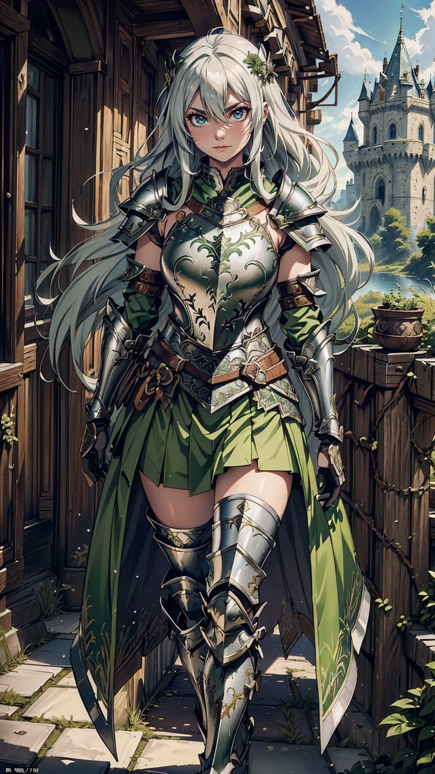 最high quality、Ultra High Definition, Ultra High Quality, Hyper Detailed, Extremely Detailed, Best image quality、masterpiece、anime woman((20-year-old、super dynamic pose , Fighting, Green solid eyes, Silver long Hair 、Disheveled Hair 、Long White Hair, Glove、Green Skirt,  Nature Design Armor, Smirk, cheerful expression, charismatic, Detailed Cuirass , Wearing  Full Coverage Fantasy Plate Armor, leg armor))Beautiful art、background((Inside the castle))、Written boundary depth、anime style,Visual Art, 8K,Genuine