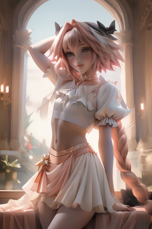 ((masterpiece)), ((best quality)), (detailed), astolfo, Beautiful, Beautifu and slim perfect body, slim body, really female, slim female body, female, very innocent smile, innocent smile, femboy, boy, bright pink hair, spiky hair, short hair, a long braid, lock of white hair on left side, perfect, solo, gorgeous femenine person, mini top, crop top, wedding dress, mini dress, micro skirt, mini skirt, bridal veil on the head, small bulge, luscious lips, long hair, sexy,