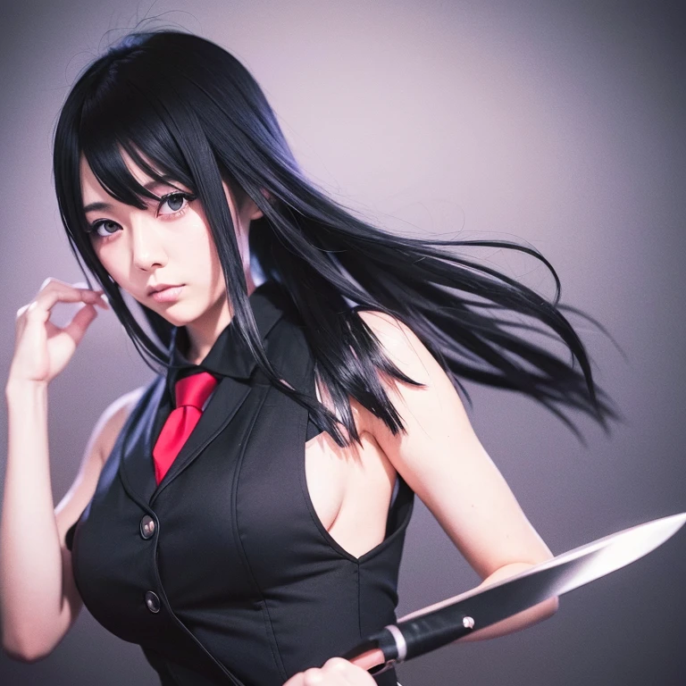 a black-haired woman with black hair and a red tie holding a knife, anime vibes, anime aesthetic, 8 0s anime atmosphere, 1 7 year old anime gothic girl, anime inspired, anime style mezclado con fujifilm, 9 0 s anime aesthetic, anime girl in real life, cartoon character; Full body art with big breast, anime style, aesthetic anime, psycho anime, good body 