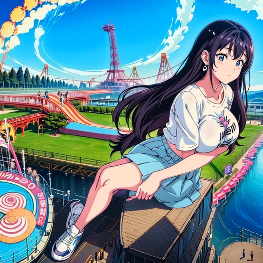 
perspective from above giantess giant girl
masterpiece unreal engine anime style delicate picture 4k 90's giant crowd amusement park giant girl standing at an amusement park ferris wheel roller coaster crowd skirt big breasts white T-shirt summer clothes short sleeves private clothes sneakers white socks wristwatch black hair smile blue sky thundercloud contrail female giant giant Girl Full Body  Crowd Unreal Engine, Cleavage, A Picture, Earrings, Long Hair, 1980s (Style) Cute Picture Beauty Analog Style Full Body Sneakers,