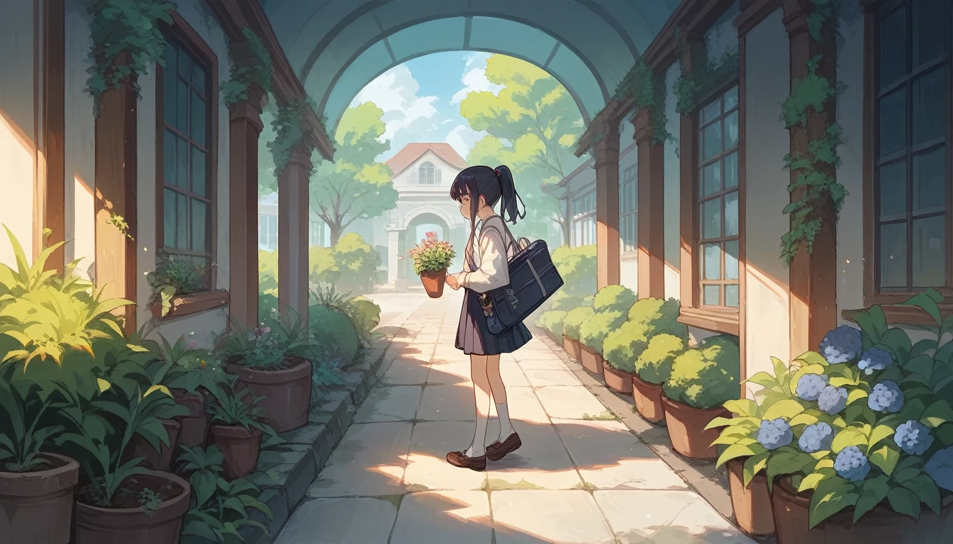 Highest quality,high school girl,ponytail,Carrying a bag,garden