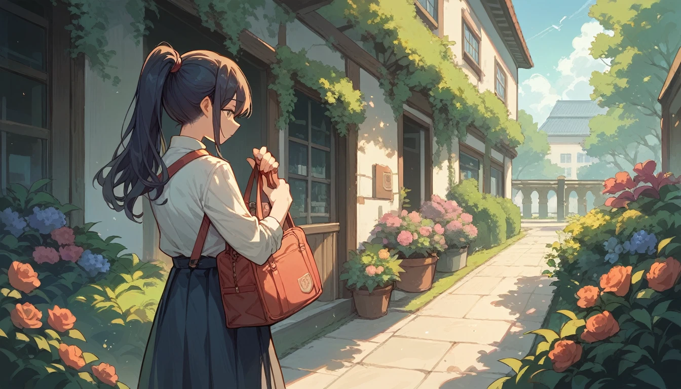 Highest quality,high school girl,ponytail,Carrying a bag,garden